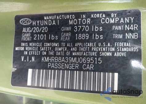 2021 Hyundai Venue Se из США, поврежденный, VIN KMHRB8A39MU069515
